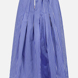 The Gates Full Midi Skirt by ARLO MOTT features Portuguese poplin with white vertical stripes, an elastic drawstring waist, pleats, and a relaxed fit.
