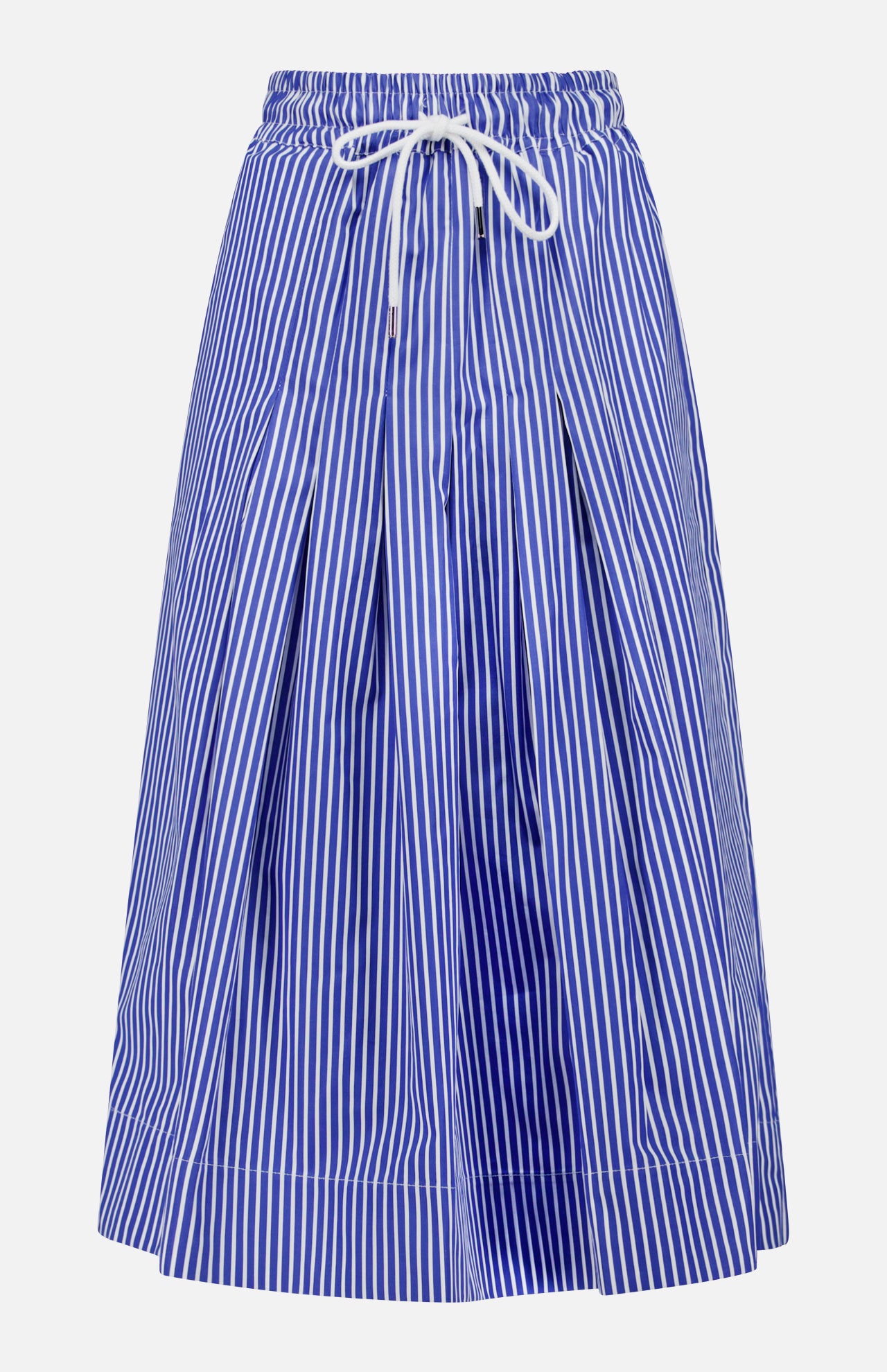 The Gates Full Midi Skirt by ARLO MOTT features Portuguese poplin with white vertical stripes, an elastic drawstring waist, pleats, and a relaxed fit.