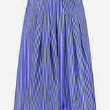 The Gates Full Midi Skirt by ARLO MOTT is a blue, knee-length piece in lightweight Portuguese poplin, featuring vertical stripes, pleated details, a relaxed fit, and an adjustable drawstring waist.
