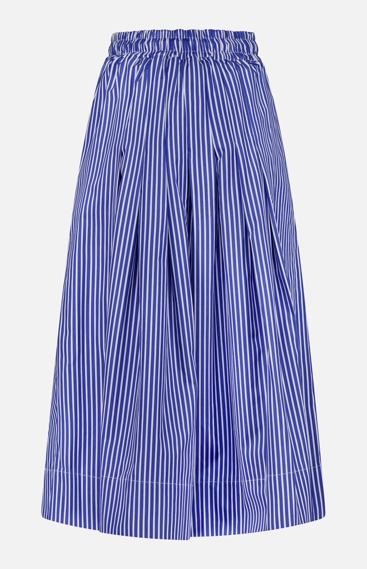 The Gates Full Midi Skirt by ARLO MOTT is a blue, knee-length piece in lightweight Portuguese poplin, featuring vertical stripes, pleated details, a relaxed fit, and an adjustable drawstring waist.