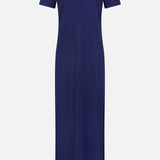 The Hubert Short Sleeve Maxi Dress by ARLO MOTT is a navy, 100% cotton, ankle-length dress with a crew neck and short sleeves, shown against a white background.