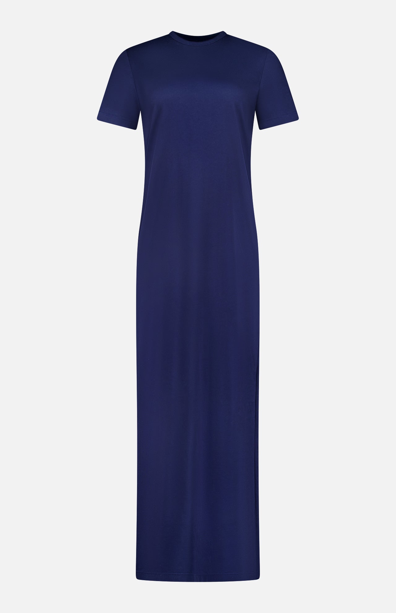 The Hubert Short Sleeve Maxi Dress by ARLO MOTT is a navy, 100% cotton, ankle-length dress with a crew neck and short sleeves, shown against a white background.