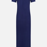 The ARLO MOTT Hubert Short Sleeve Maxi Dress, made from 100% cotton in navy, is displayed from the back against a white background.