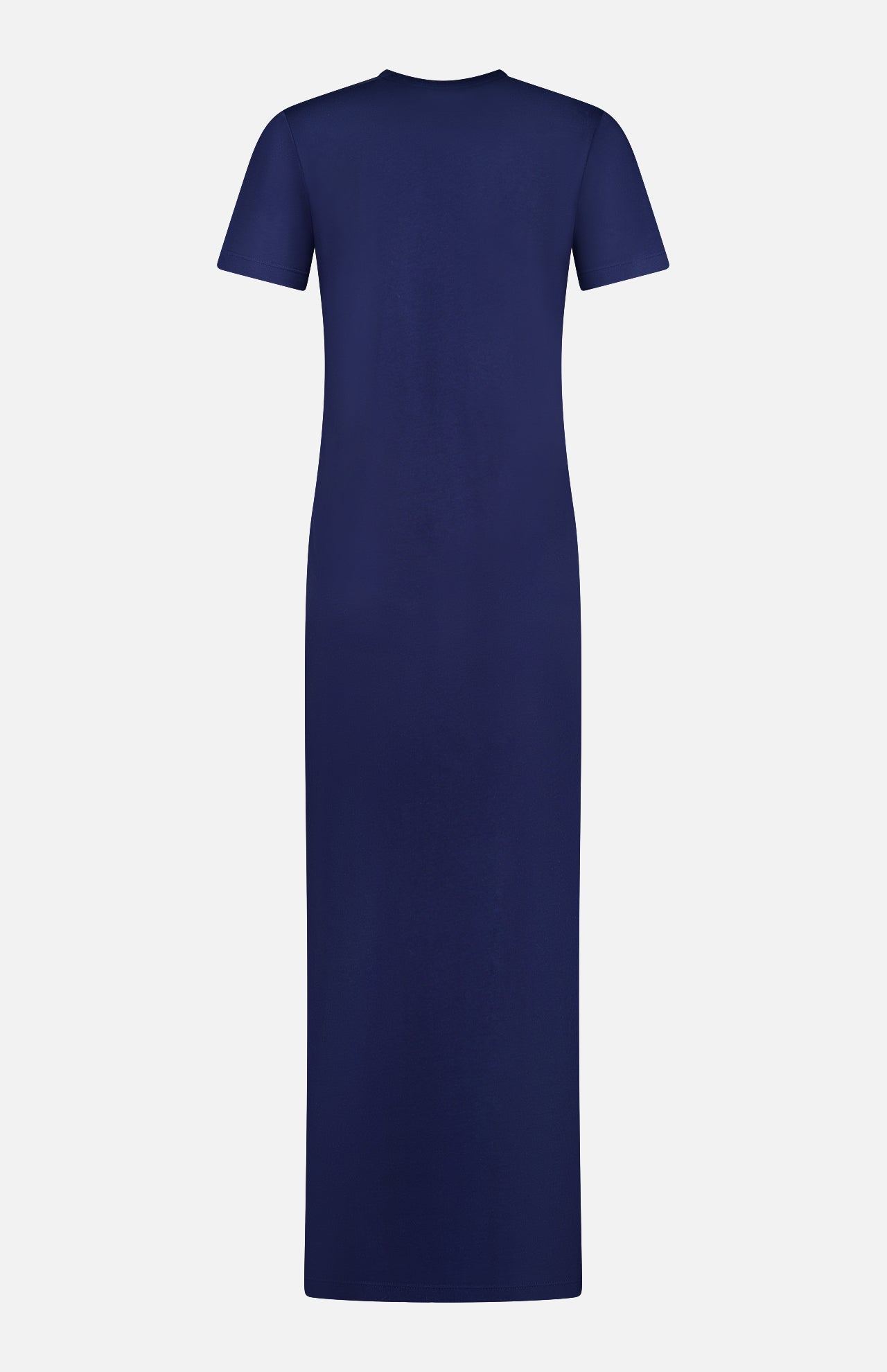 The ARLO MOTT Hubert Short Sleeve Maxi Dress, made from 100% cotton in navy, is displayed from the back against a white background.