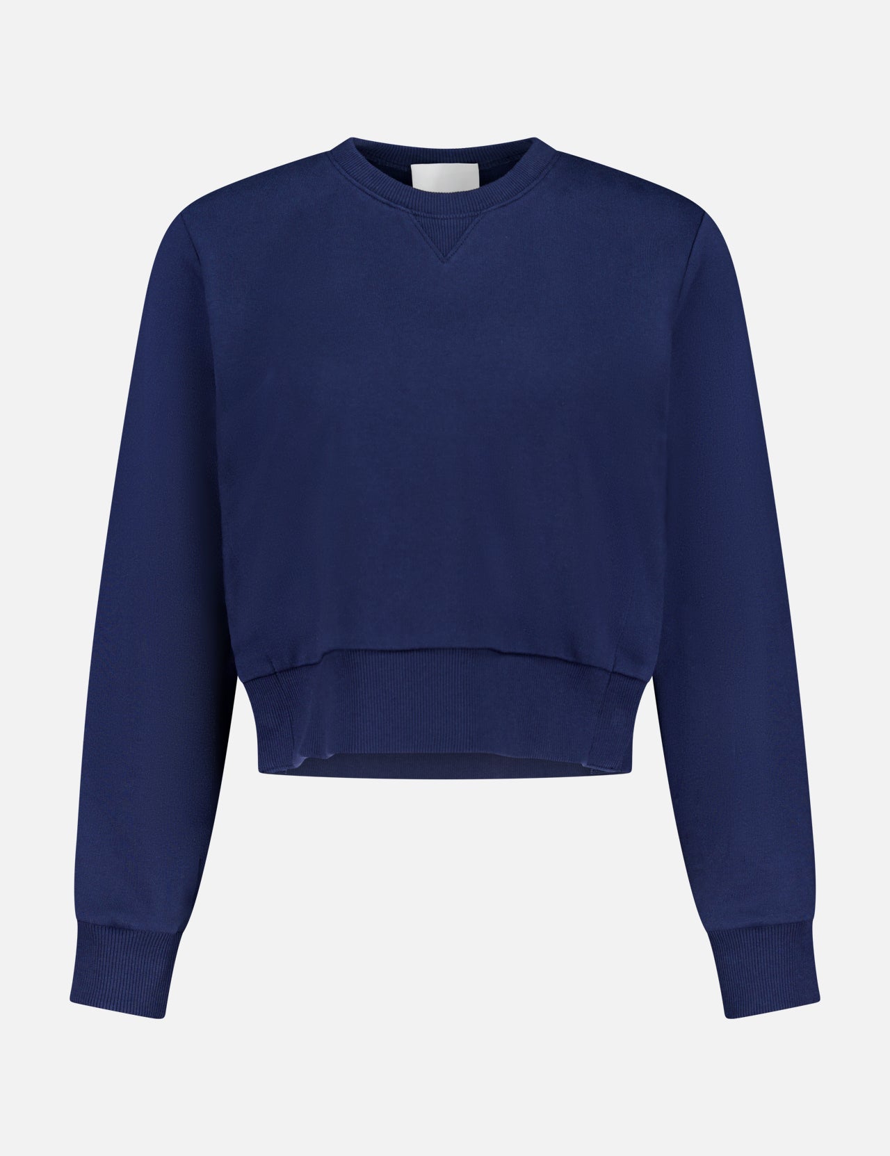 The ARLO MOTT Kent Crew Neck Snaps Sweater is a fashion-forward navy long-sleeve cropped sweatshirt with ribbed cuffs, waistband, and crew neckline, displayed on a white background.