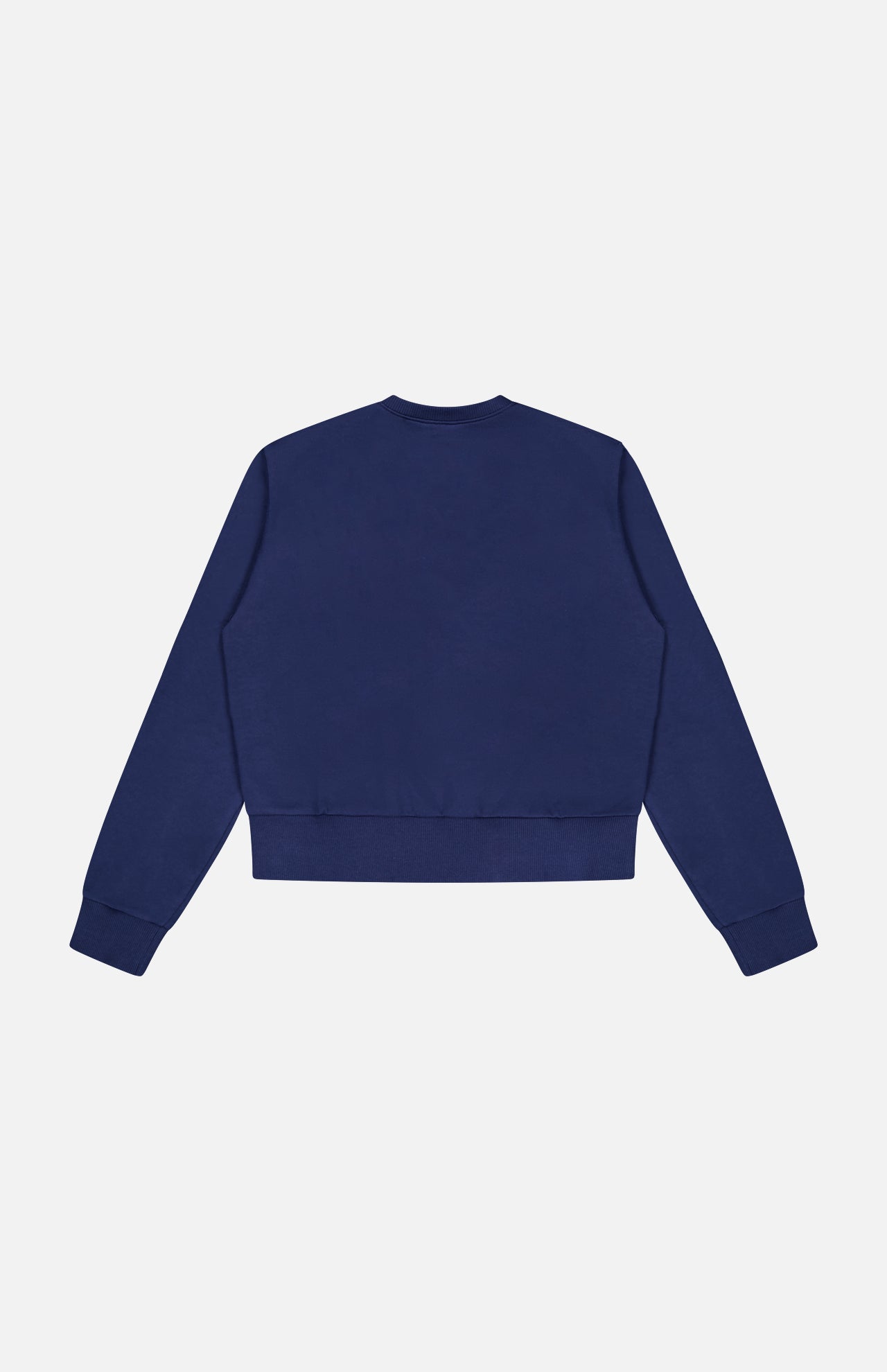 The ARLO MOTT Kent Crew Neck Snaps Sweater in plain navy blue is a long-sleeve pullover shown from the back, laid flat on a white background.