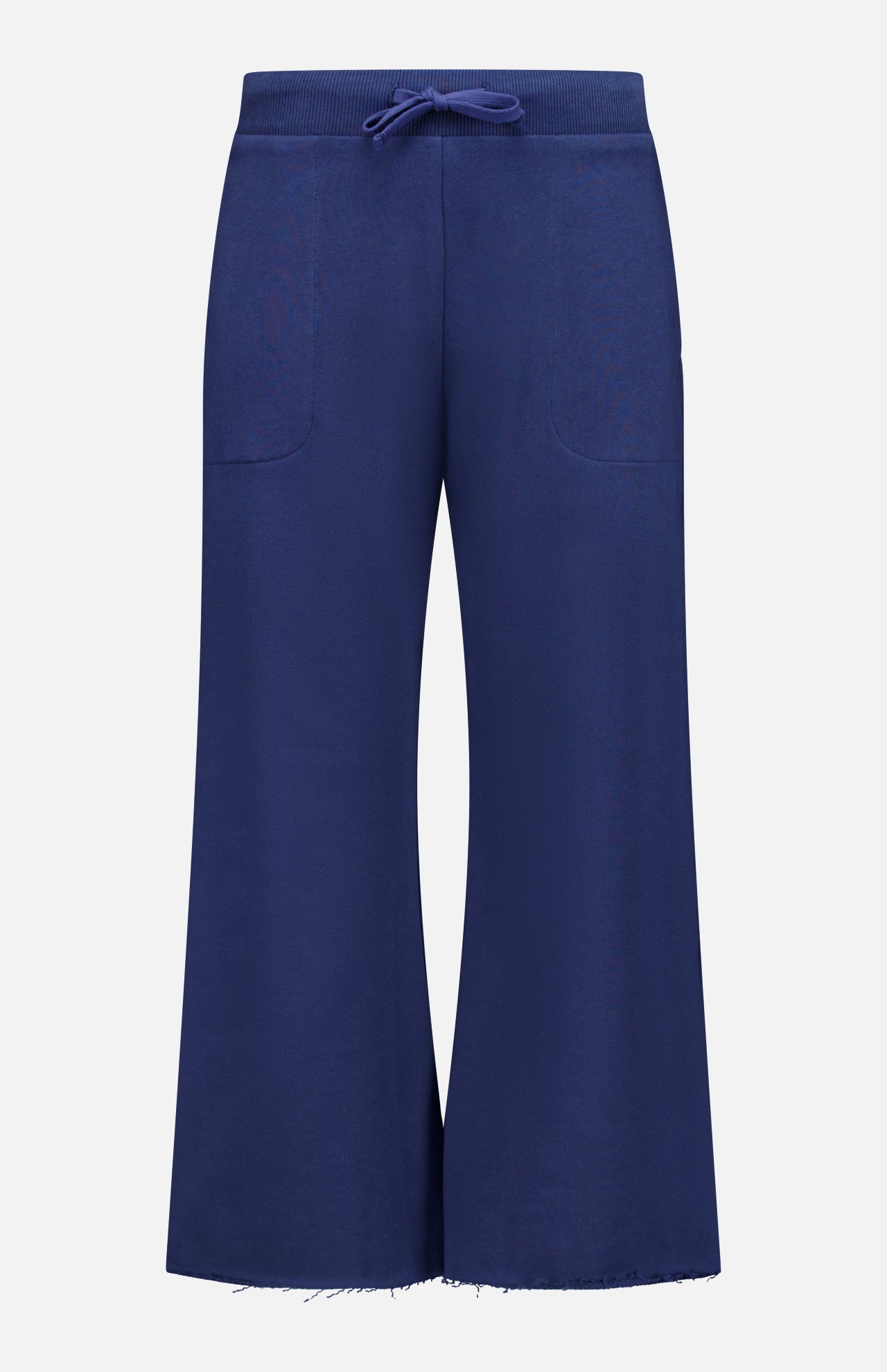 ARLO MOTT’s Kane Cropped Wide Sweatpants feature a wide-leg, ankle-length silhouette in dark navy, with an elastic waistband, drawstring tie, front patch pockets, and raw hems for a modern sweatsuit vibe.