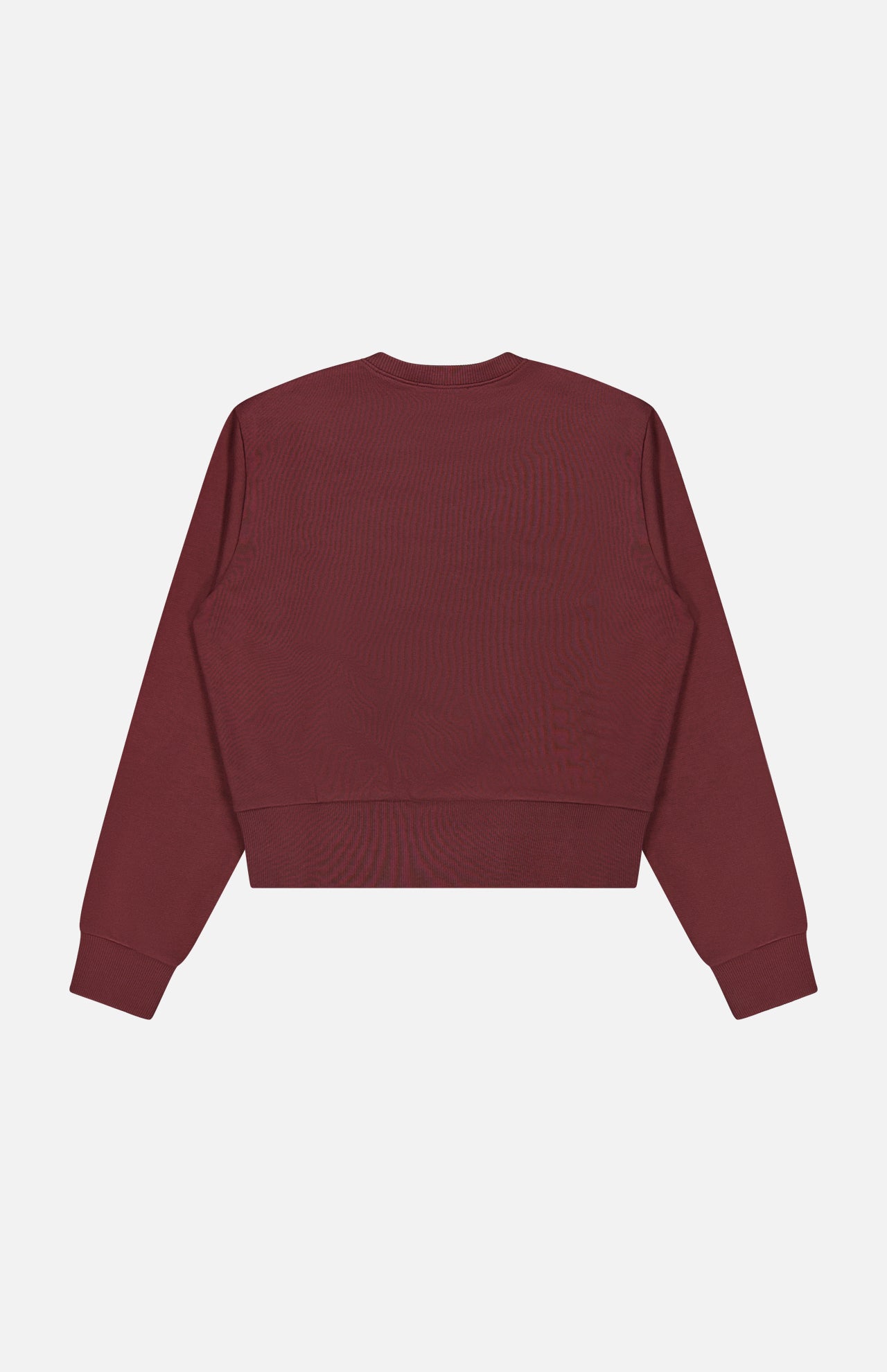 A back view of the ARLO MOTT Kent Crewneck with Side Snaps in berry, featuring long sleeves, a crew neck, ribbed cuffs, and a ribbed waistband, laid flat on a white background.