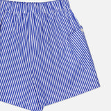 The Laight Striped Pocket Shorts by ARLO MOTT are high-rise blue striped shorts made from Portuguese poplin, featuring an elastic waistband and side pocket, shown on a white background.