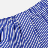 Close-up of ARLO MOTT Laight Striped Pocket Shorts in blue and white Portuguese poplin, featuring vertical stripes, an elastic waistband, and a left side pocket.