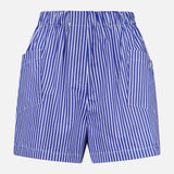 The Laight Striped Pocket Shorts by ARLO MOTT are high-rise blue shorts made from Portuguese poplin, featuring an elastic waistband and two front patch pockets, shown against a white background.