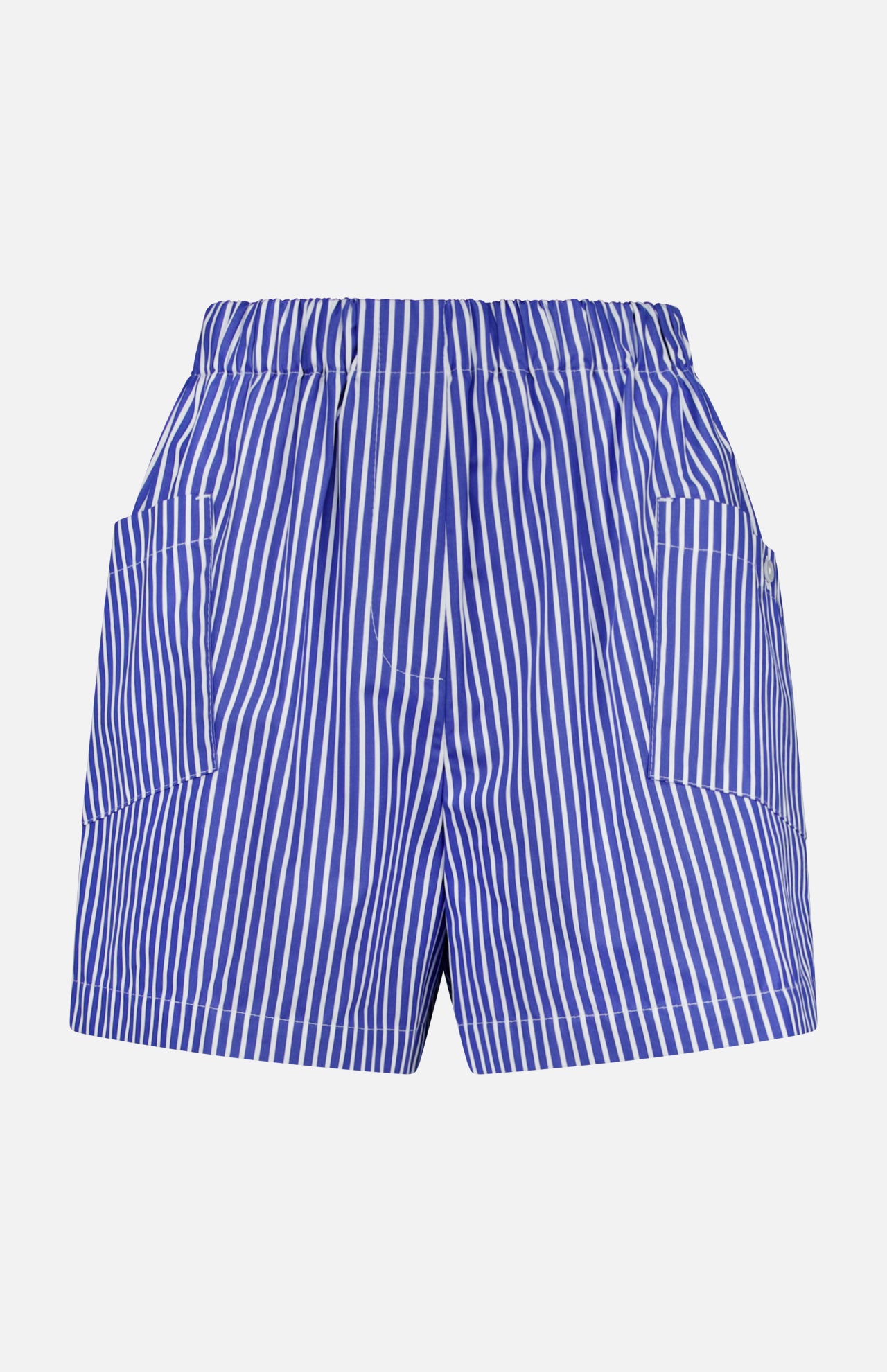 The Laight Striped Pocket Shorts by ARLO MOTT are high-rise blue shorts made from Portuguese poplin, featuring an elastic waistband and two front patch pockets, shown against a white background.