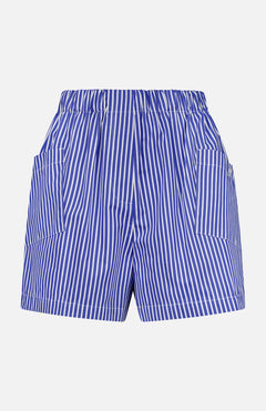 The Laight Striped Pocket Shorts by ARLO MOTT are high-rise blue shorts made from Portuguese poplin, featuring an elastic waistband and two front patch pockets, shown against a white background.