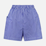 The ARLO MOTT Laight Striped Pocket Shorts feature blue stripes, a high rise, elastic waistband, and side pockets. Made from Portuguese poplin and shown on a plain white background.
