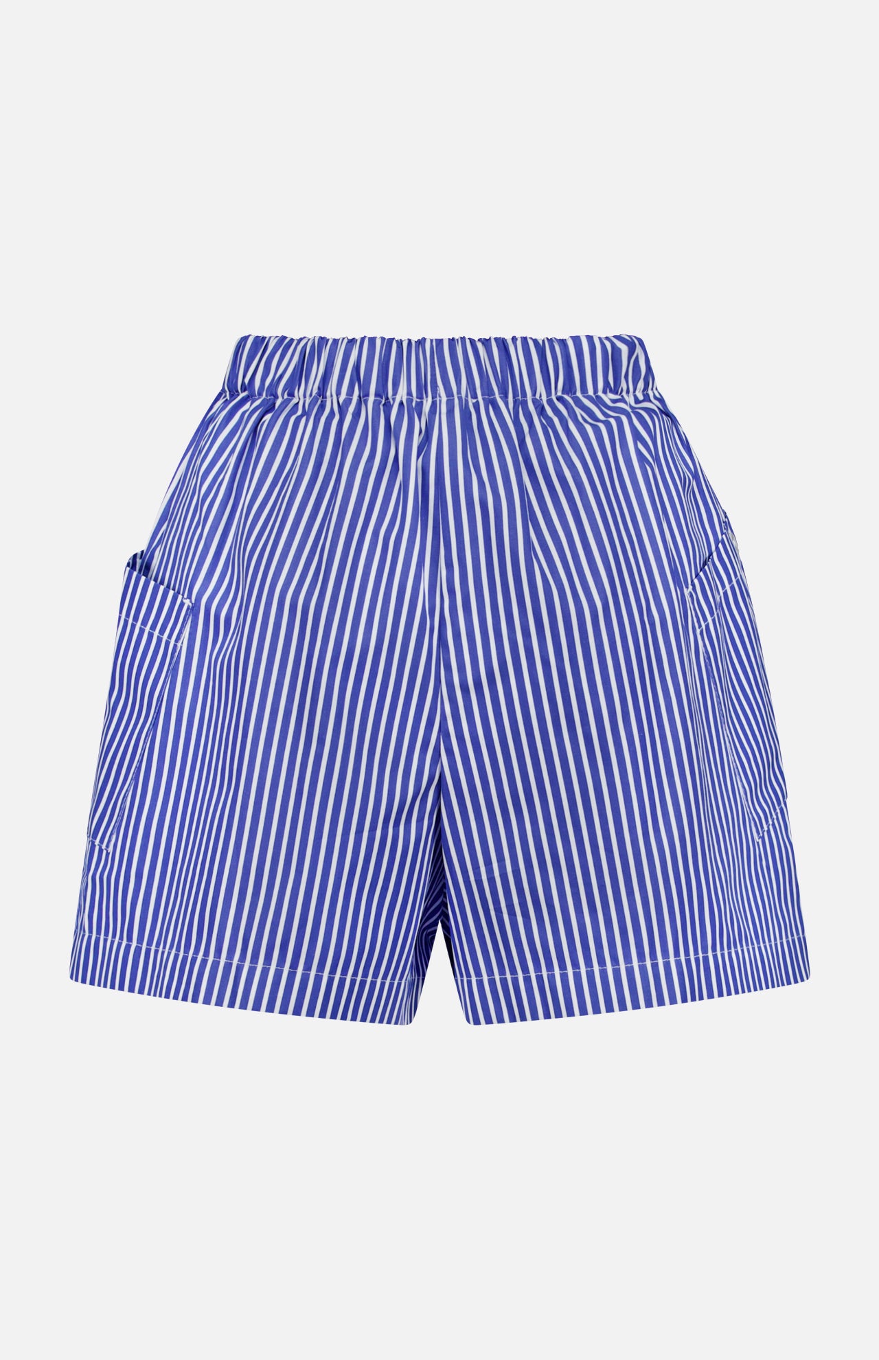 The ARLO MOTT Laight Striped Pocket Shorts feature blue stripes, a high rise, elastic waistband, and side pockets. Made from Portuguese poplin and shown on a plain white background.
