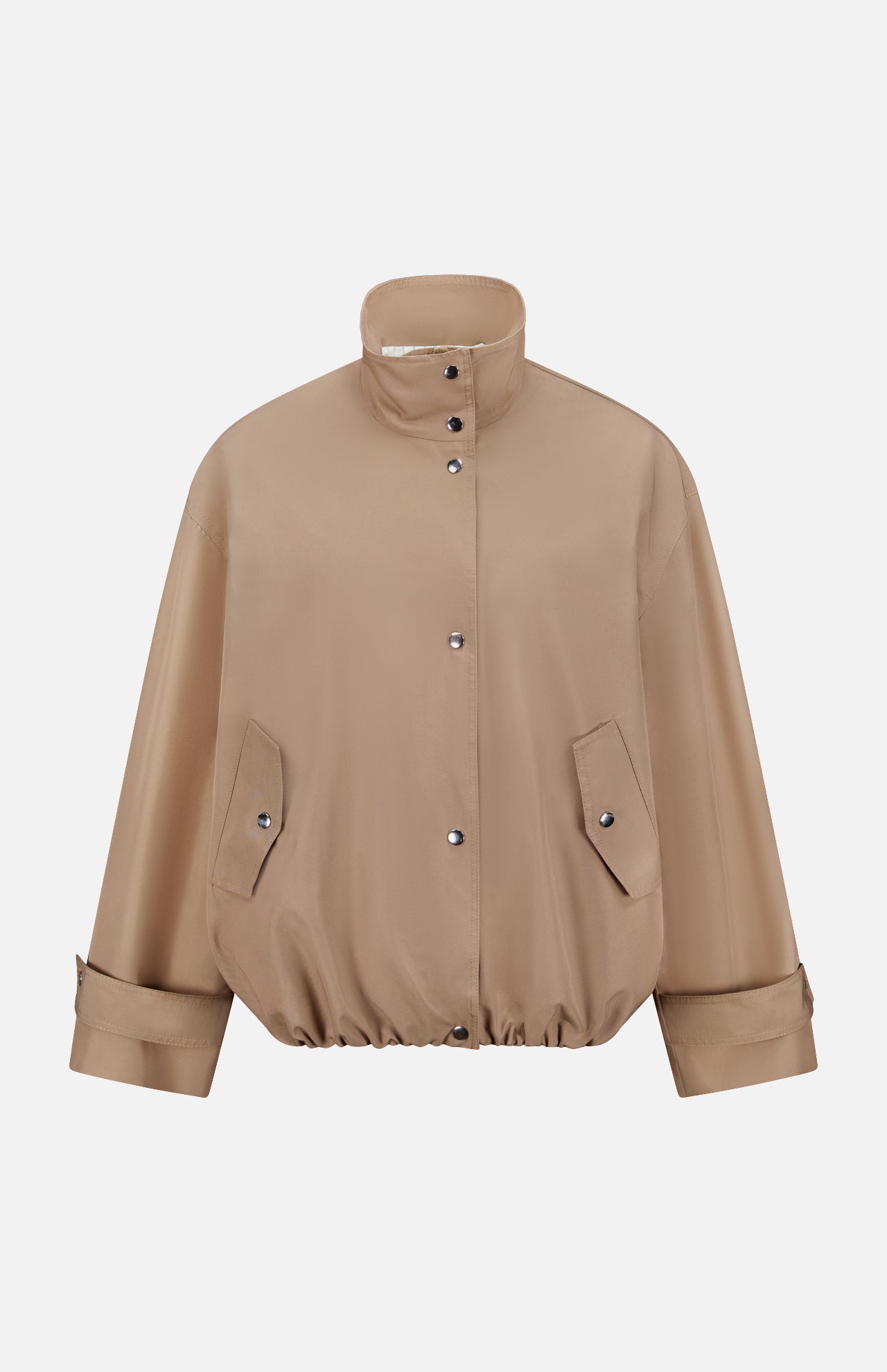 The ARLO MOTT Logan Tech Water Resistant Jacket is a light brown bomber crafted from smooth Italian gabardine with a slight sheen. It features a high collar, snap closure, flap pockets, elastic hem, and adjustable snap cuffs.