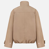 The ARLO MOTT Logan Tech Water Resistant Jacket in beige tan features Italian gabardine, a high collar, long sleeves with adjustable wrist straps, elasticated hem, minimalist design, and water resistance for enhanced functionality.
