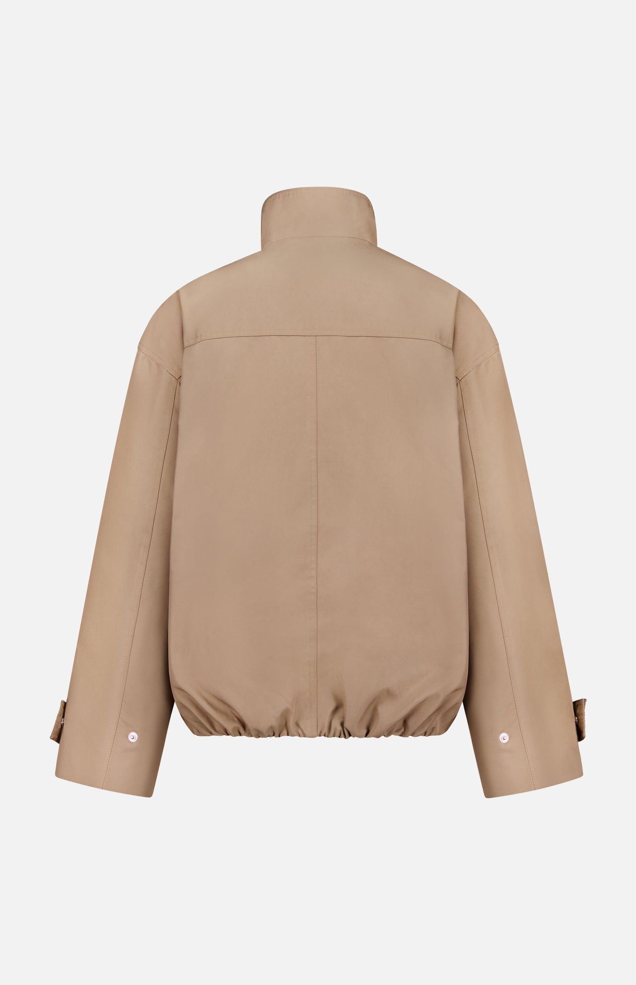 The ARLO MOTT Logan Tech Water Resistant Jacket in beige tan features Italian gabardine, a high collar, long sleeves with adjustable wrist straps, elasticated hem, minimalist design, and water resistance for enhanced functionality.