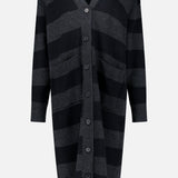 The ARLO MOTT Lorimer Wool Cashmere Long Cardigan features a long, oversized button-up design with black and dark gray horizontal stripes, two front pockets, and a V-neck collar. Displayed on a plain white background, this cozy charcoal stripe cardigan is a versatile addition to any wardrobe.