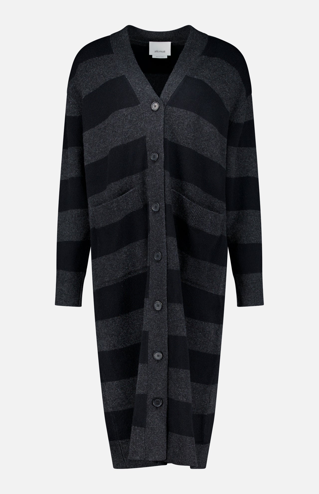 The ARLO MOTT Lorimer Wool Cashmere Long Cardigan features a long, oversized button-up design with black and dark gray horizontal stripes, two front pockets, and a V-neck collar. Displayed on a plain white background, this cozy charcoal stripe cardigan is a versatile addition to any wardrobe.