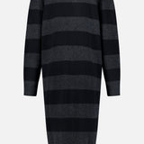 The Lorimer Wool Cashmere Long Cardigan by ARLO MOTT is pictured from the back against a plain white background, featuring long sleeves and knee-length construction with wide horizontal black and dark gray stripes reminiscent of a charcoal stripe sweater.