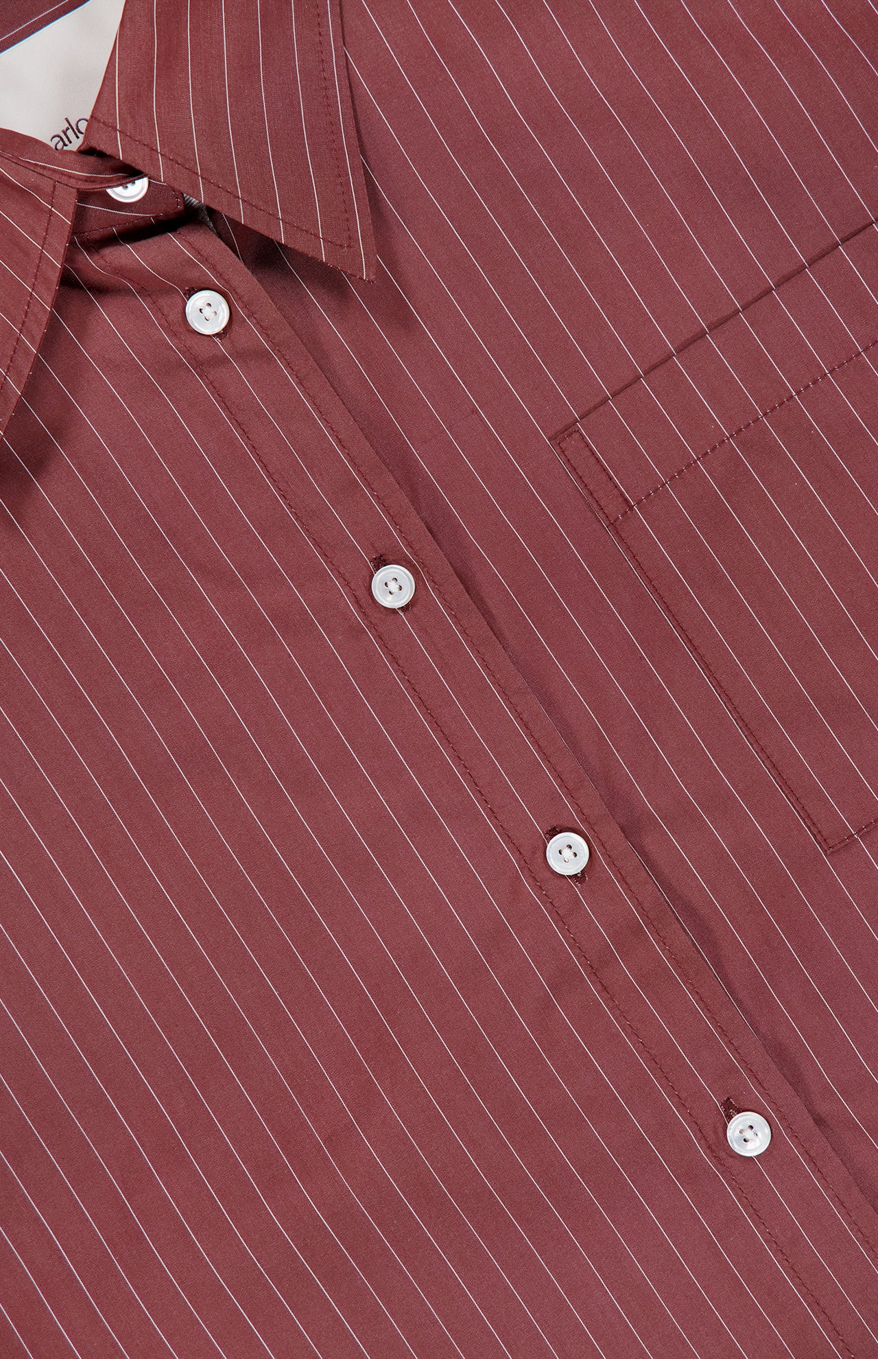 Close-up of the ARLO MOTT Webster Striped Poplin Boyfriend Shirt, featuring oxblood stripes with thin white vertical pinstripes, a pointed collar, white buttons, and a right chest pocket—an ideal choice for fall styling.