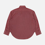 The ARLO MOTT Webster Striped Poplin Boyfriend Shirt, featuring subtle oxblood vertical stripes and long sleeves with button cuffs, is showcased from the back against a plain white background—an ideal cotton piece for effortless fall styling.