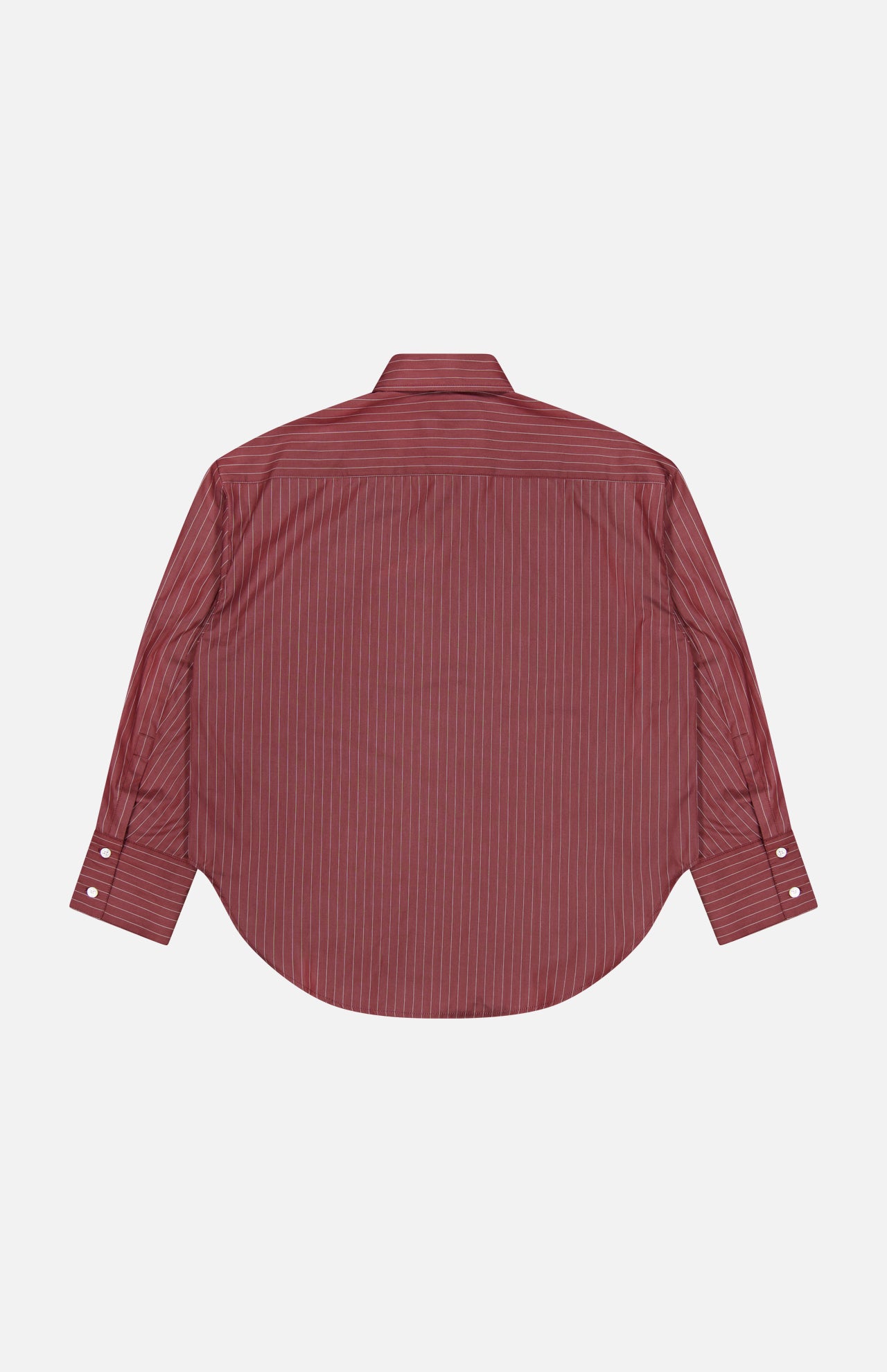 The ARLO MOTT Webster Striped Poplin Boyfriend Shirt, featuring subtle oxblood vertical stripes and long sleeves with button cuffs, is showcased from the back against a plain white background—an ideal cotton piece for effortless fall styling.
