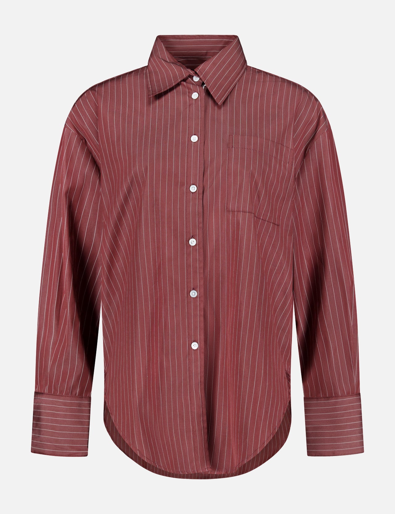 The ARLO MOTT Webster Striped Poplin Boyfriend Shirt features long sleeves, a button-up front, and thin white vertical stripes on an oxblood background, complete with a single chest pocket—perfect for fall styling.
