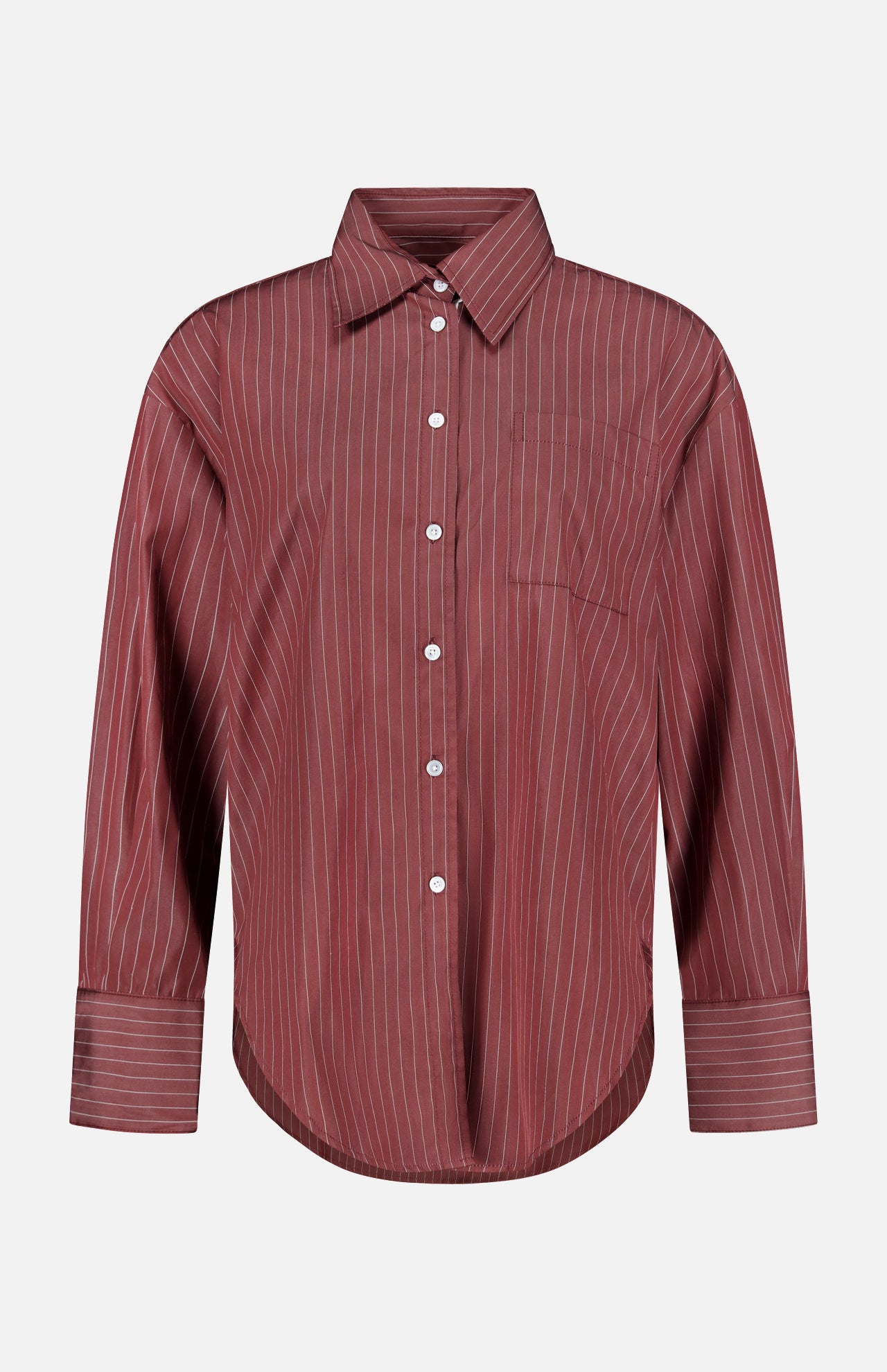 The ARLO MOTT Webster Striped Poplin Boyfriend Shirt features long sleeves, a button-up front, and thin white vertical stripes on an oxblood background, complete with a single chest pocket—perfect for fall styling.
