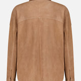 The Kaylee Suede Jacket by ARMA is shown from the back in light brown, featuring a straight yoke, long sleeves with buttoned cuffs, and a relaxed, slightly rounded hem—an essential wardrobe staple.