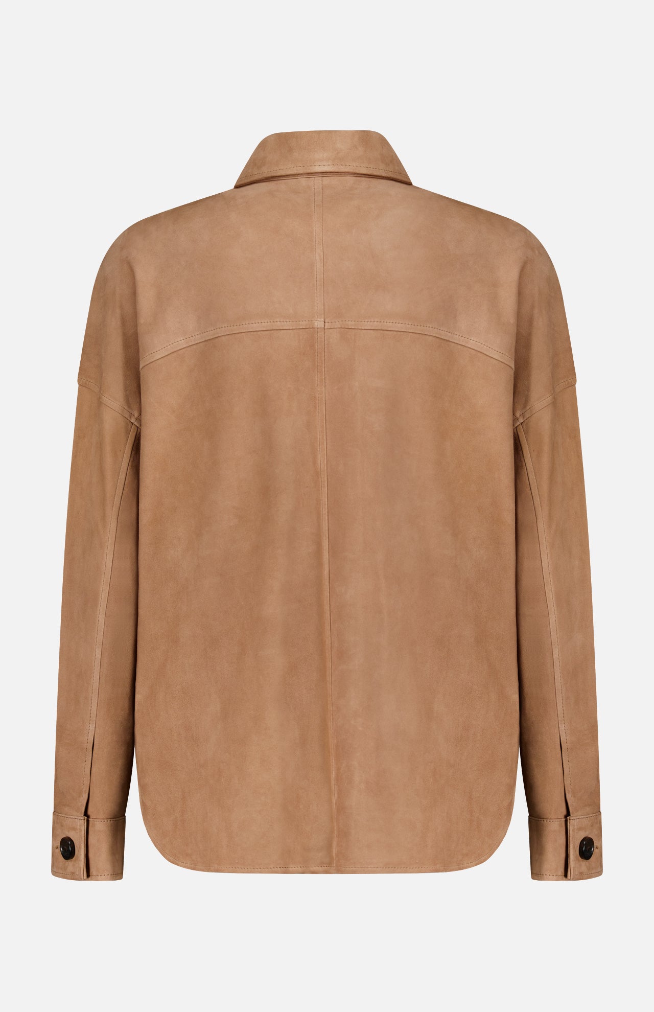 The Kaylee Suede Jacket by ARMA is shown from the back in light brown, featuring a straight yoke, long sleeves with buttoned cuffs, and a relaxed, slightly rounded hem—an essential wardrobe staple.