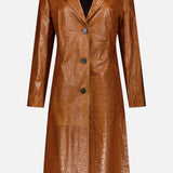The ARMA Aisa Lamb Nappa Print Trench Coat is a long outerwear piece in a rich brown crocodile pattern, expertly crafted from embossed leather. It features three black buttons, long sleeves, and a notched collar, and is displayed against a plain white background.