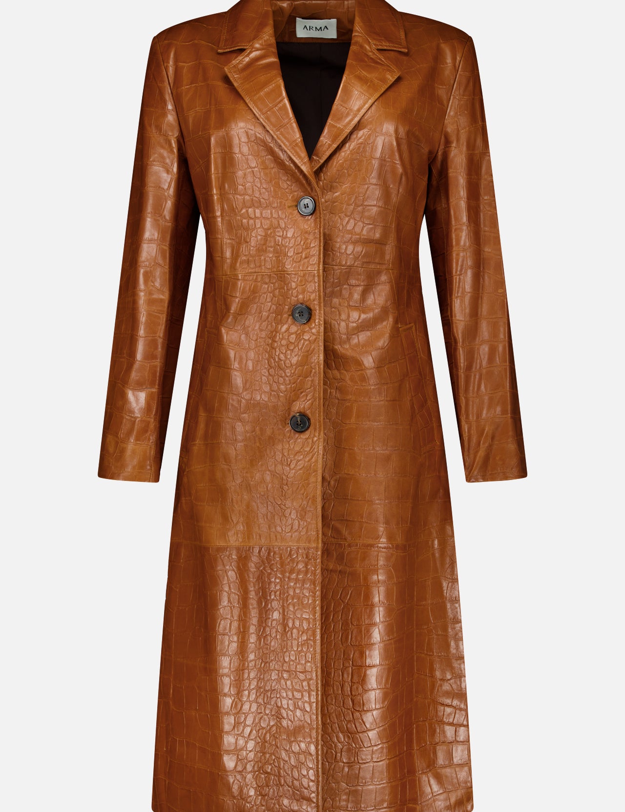 The ARMA Aisa Lamb Nappa Print Trench Coat is a long outerwear piece in a rich brown crocodile pattern, expertly crafted from embossed leather. It features three black buttons, long sleeves, and a notched collar, and is displayed against a plain white background.