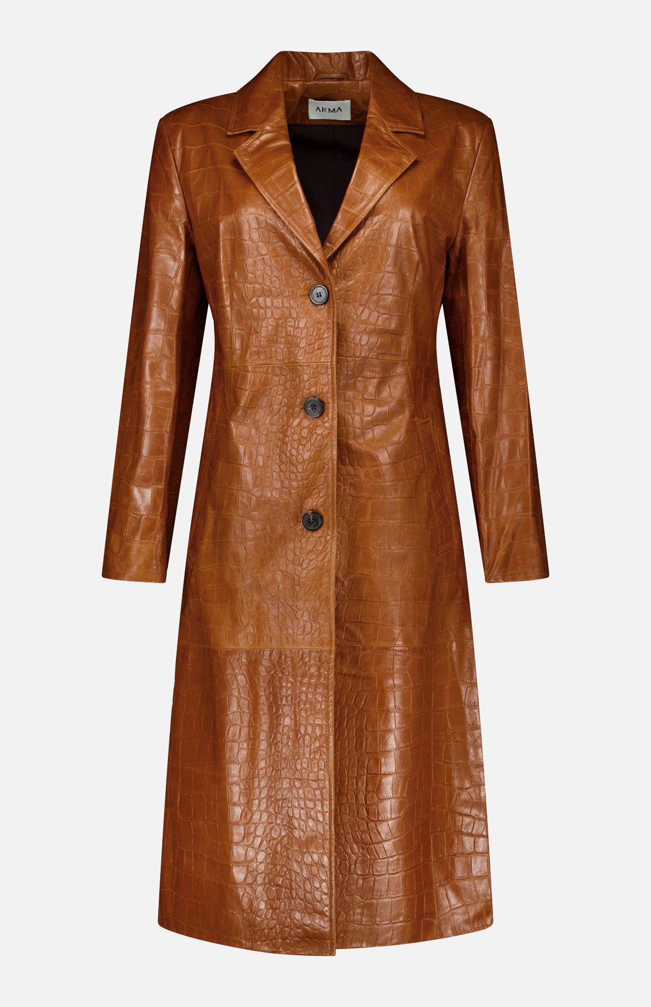 The ARMA Aisa Lamb Nappa Print Trench Coat is a long outerwear piece in a rich brown crocodile pattern, expertly crafted from embossed leather. It features three black buttons, long sleeves, and a notched collar, and is displayed against a plain white background.