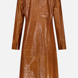 The ARMA Aisa Lamb Nappa Print Trench Coat is a long-sleeve outerwear piece in a brown crocodile print, shown from the back, featuring a textured, shiny finish and a straight, tailored silhouette.