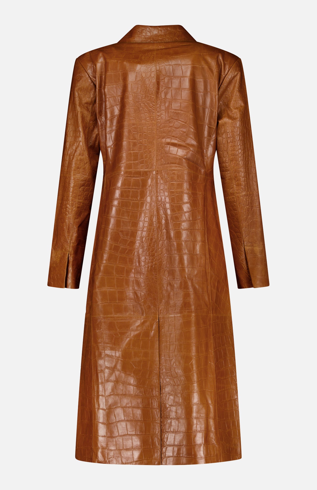 The ARMA Aisa Lamb Nappa Print Trench Coat is a long-sleeve outerwear piece in a brown crocodile print, shown from the back, featuring a textured, shiny finish and a straight, tailored silhouette.