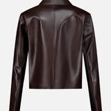 The Emy Lamb Butter Coat by ARMA is pictured from the back, showcasing long sleeves, a classic collar, and a smooth, shiny finish. Expertly crafted from supple lamb leather, this coat features a tailored silhouette for a refined appearance.