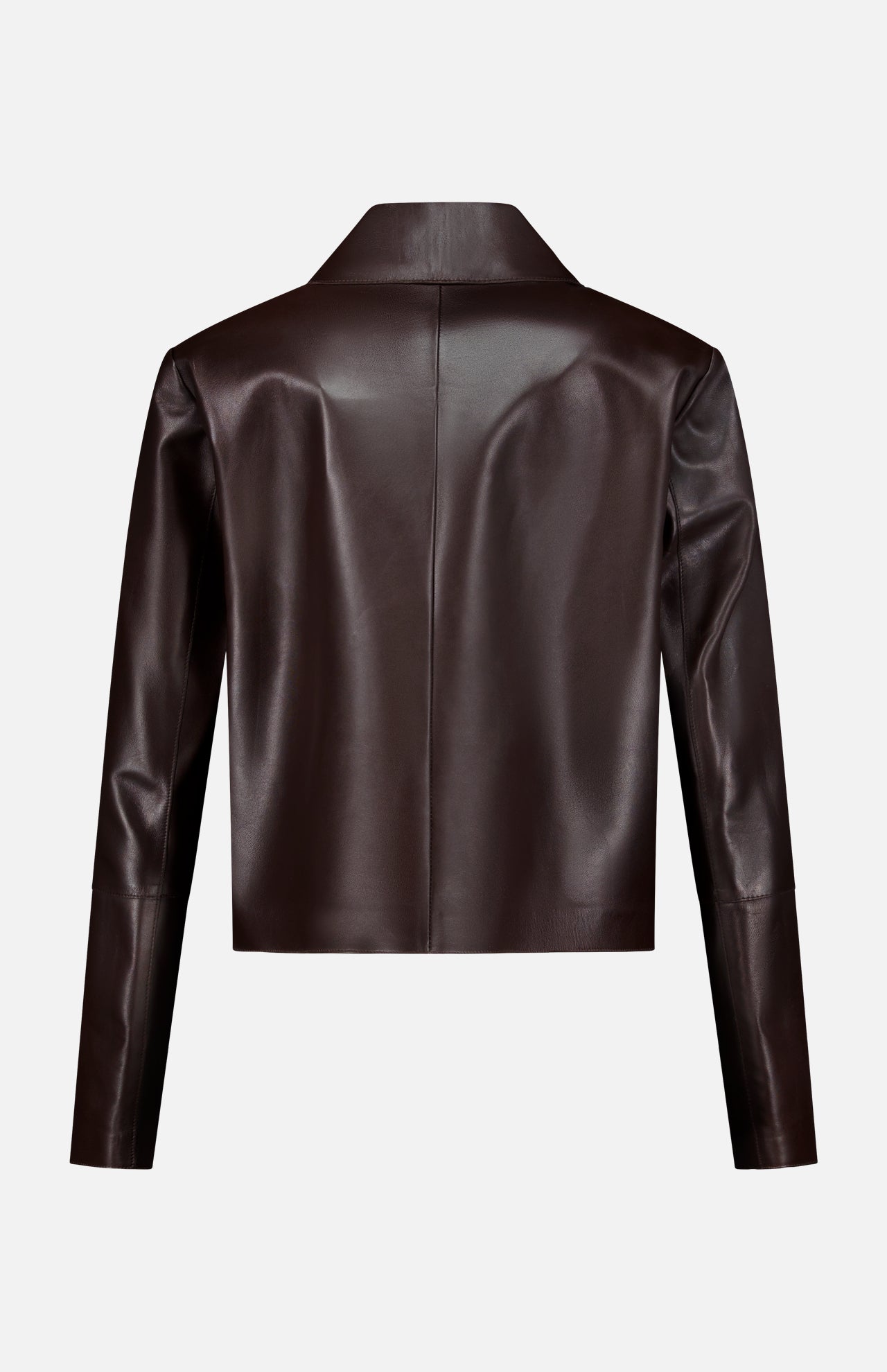 The Emy Lamb Butter Coat by ARMA is pictured from the back, showcasing long sleeves, a classic collar, and a smooth, shiny finish. Expertly crafted from supple lamb leather, this coat features a tailored silhouette for a refined appearance.
