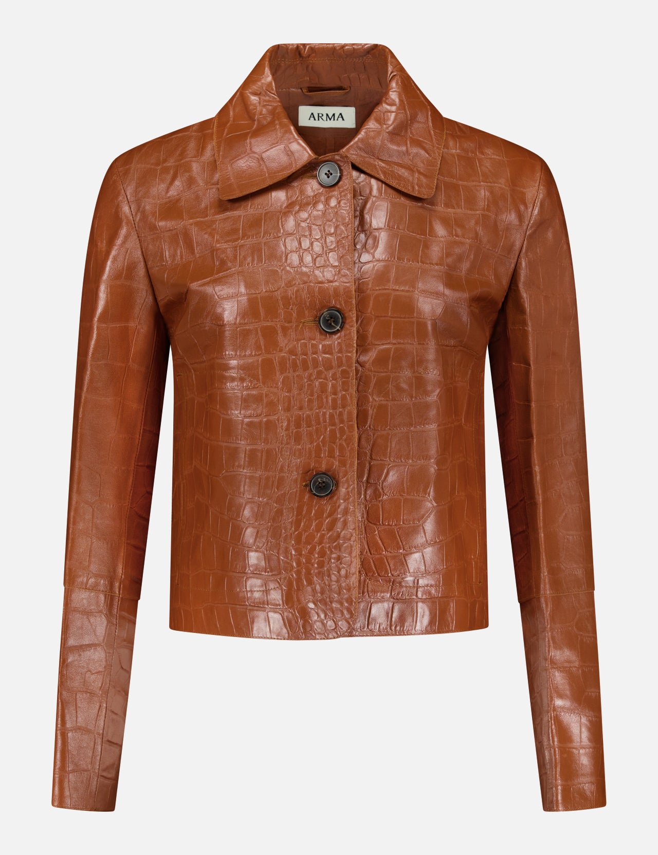 The Emy Lamb Nappa Print Coat by ARMA features a brown crocodile-print leather design with long sleeves, three dark buttons on the front, and a wide collar. The interior displays the ARMA brand label inside the collar. The coat is photographed against a plain white background.