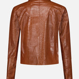 The Emy Lamb Nappa Print Coat by ARMA is shown from the back, featuring a brown crocodile print in smooth, glossy leather with a subtle pattern and a straight hem.