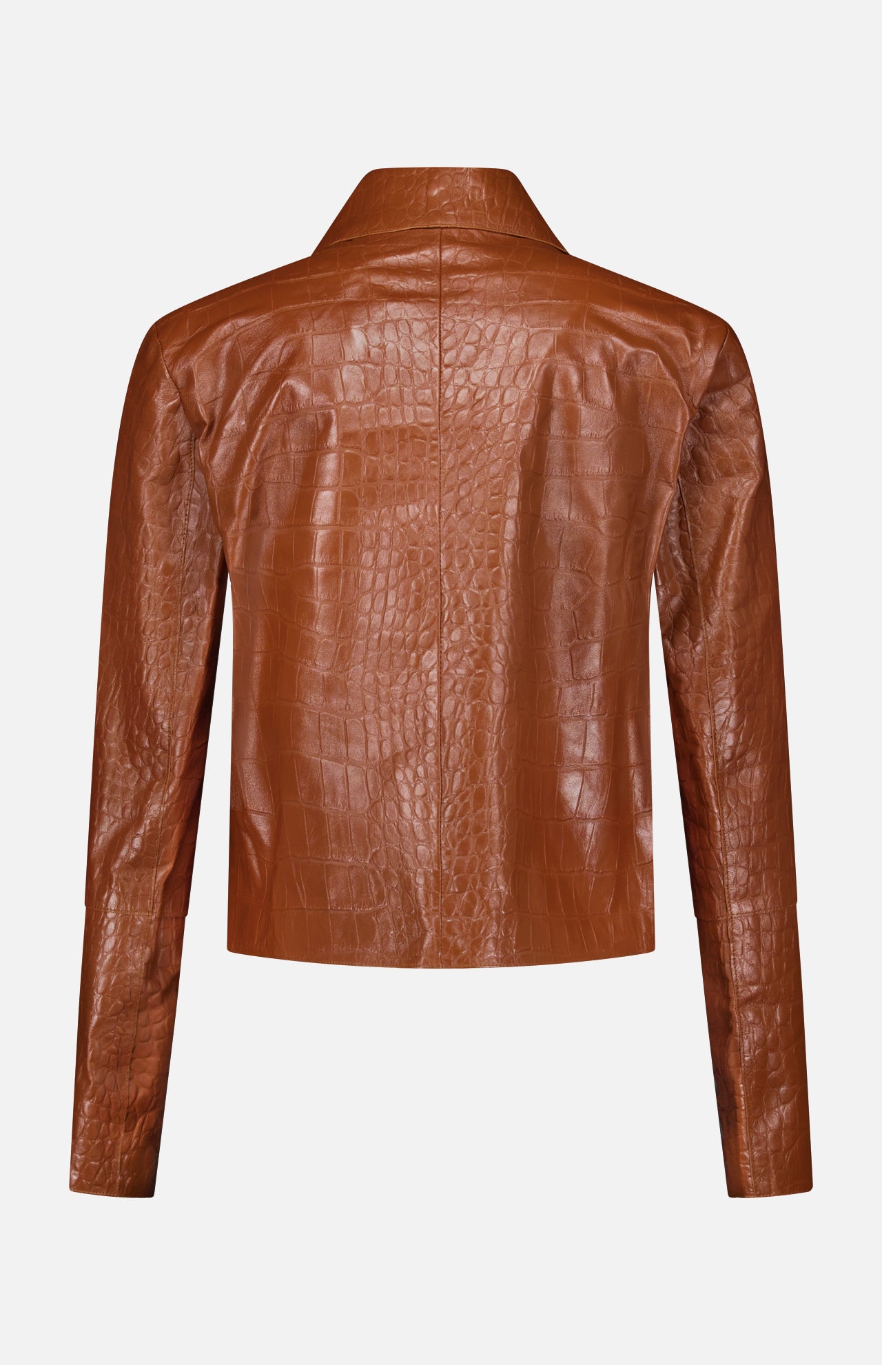 The Emy Lamb Nappa Print Coat by ARMA is shown from the back, featuring a brown crocodile print in smooth, glossy leather with a subtle pattern and a straight hem.