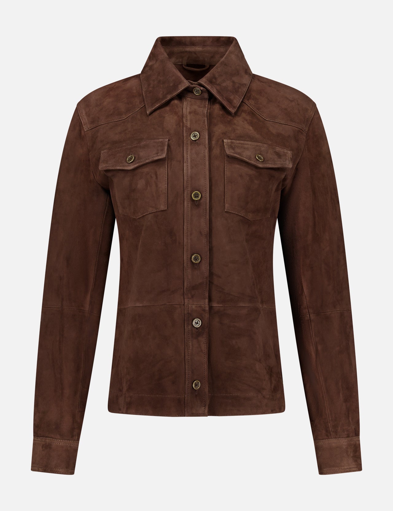The Faye Goat Suede Sturdy Coat by ARMA is a dark brown button-up jacket in a shirt style design, featuring a classic collar, two chest pockets with flaps, and long sleeves, all elegantly showcased against a plain white background.