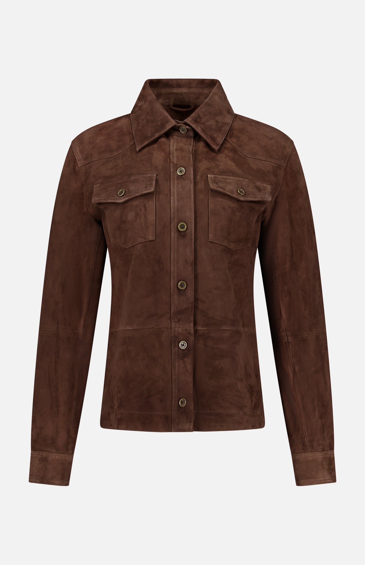 The Faye Goat Suede Sturdy Coat by ARMA is a dark brown button-up jacket in a shirt style design, featuring a classic collar, two chest pockets with flaps, and long sleeves, all elegantly showcased against a plain white background.