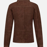 Back view of the ARMA Faye Goat Suede Sturdy Coat in dark brown, showcasing long sleeves, a shirt-style collar, stitched seams, and buttoned cuffs against a plain white background. This midweight suede jacket offers a classic shirt silhouette for versatile everyday use.