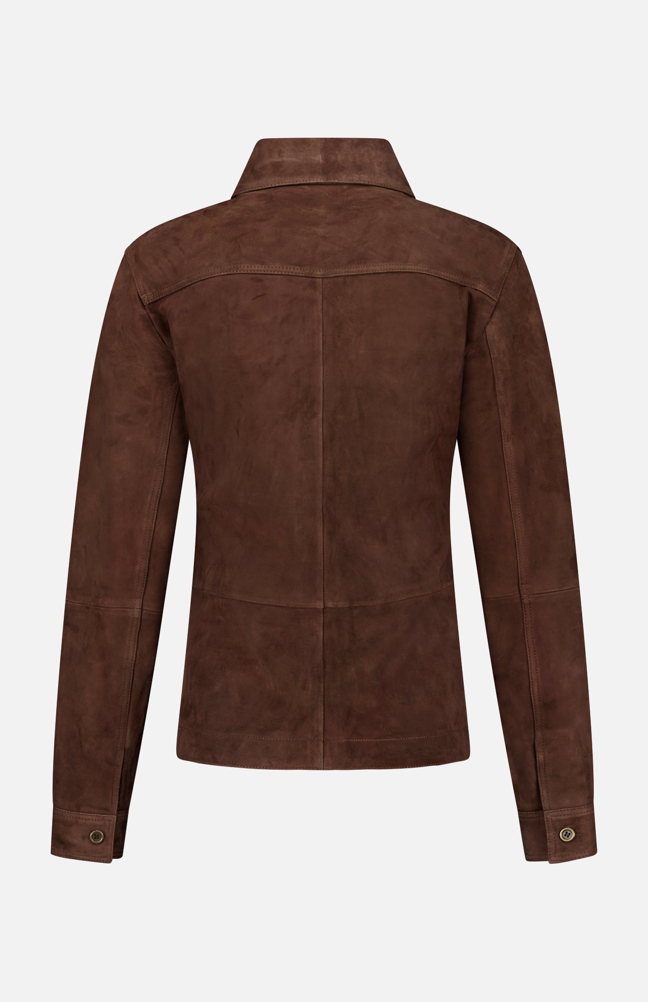 Back view of the ARMA Faye Goat Suede Sturdy Coat in dark brown, showcasing long sleeves, a shirt-style collar, stitched seams, and buttoned cuffs against a plain white background. This midweight suede jacket offers a classic shirt silhouette for versatile everyday use.