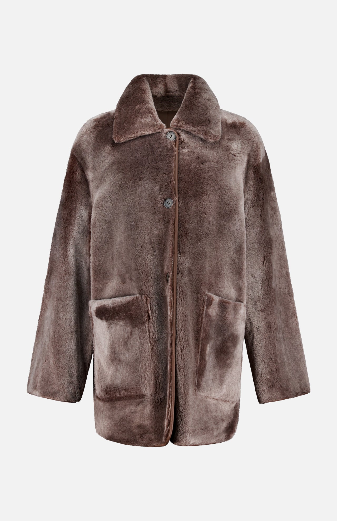 Nicola Reversible Shearling Coat by ARMA—brown faux fur with a wide collar, button closure, and two large front pockets, shown on a plain white background.