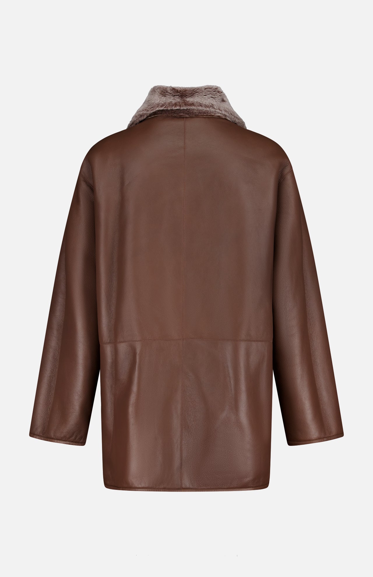 The Nicola Reversible Shearling Coat by ARMA features brown leather, a relaxed fit, long sleeves, and a light brown faux fur collar, shown from the back against a plain white background.