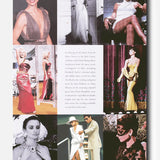A collage of women in glamorous dresses from various decades, striking elegant poses that showcase iconic fashion moments; at the center, a white text box displays book details for “Dressing For The Dark” by ASSOULINE.