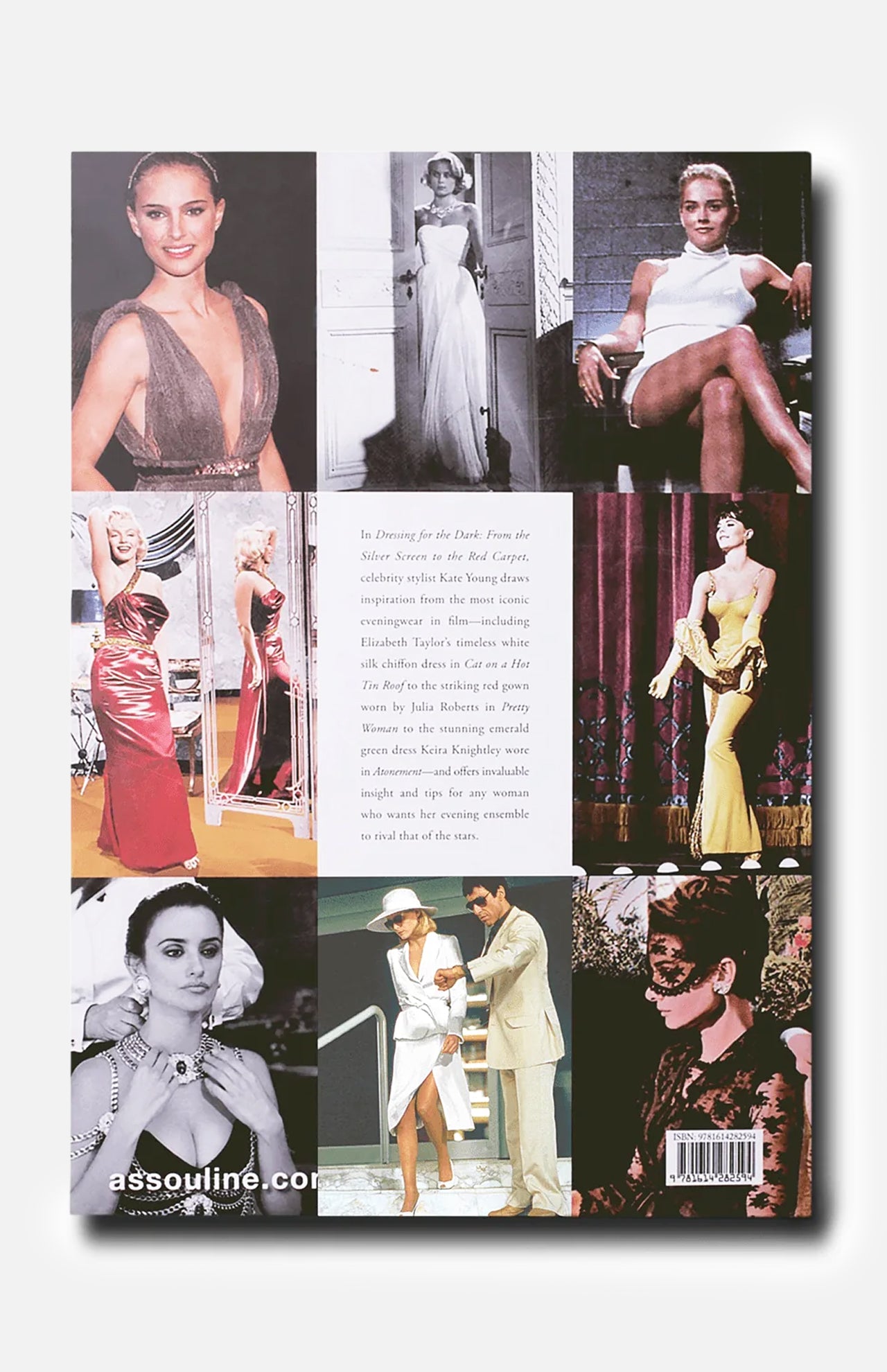 A collage of women in glamorous dresses from various decades, striking elegant poses that showcase iconic fashion moments; at the center, a white text box displays book details for “Dressing For The Dark” by ASSOULINE.